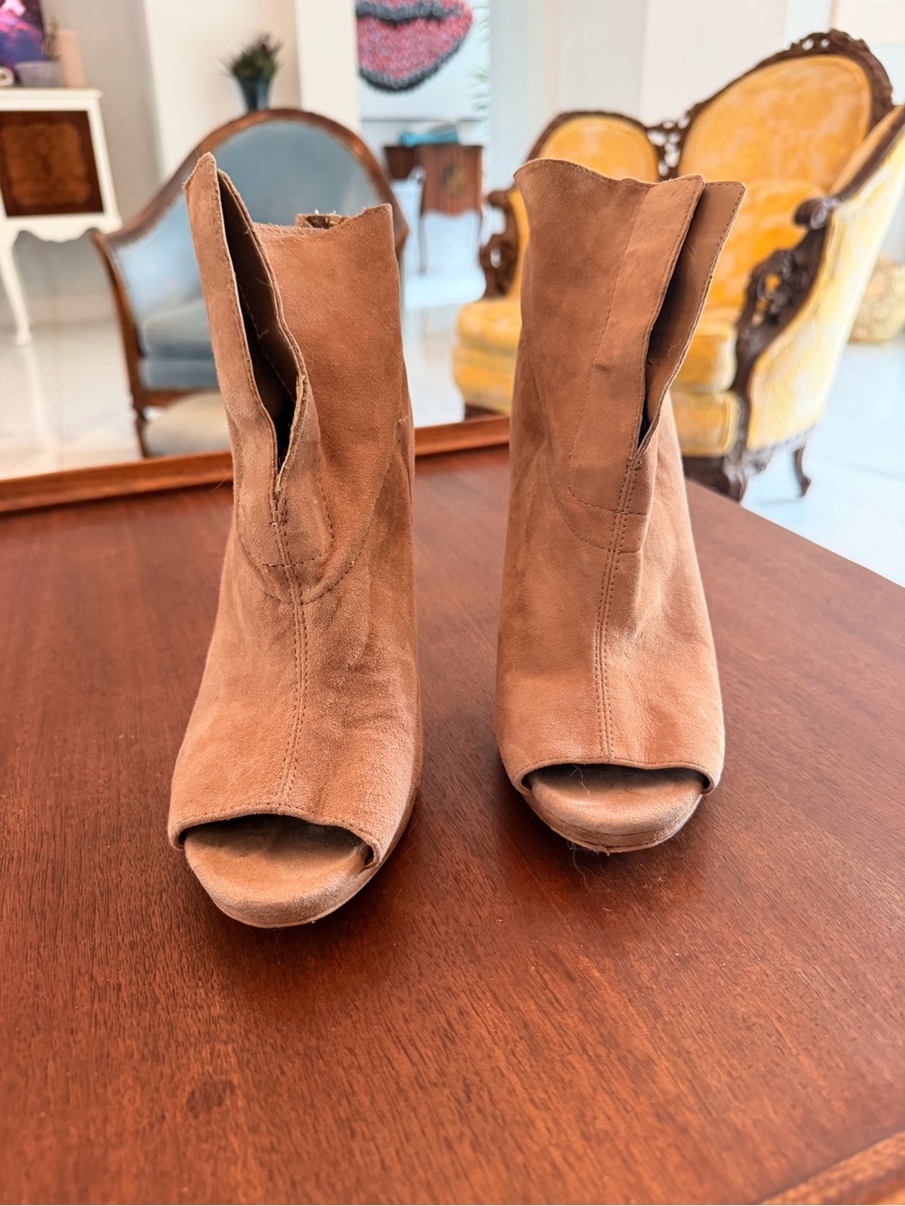 Vince Camuto Suede Peep-Toe Ankle Boots in Tan